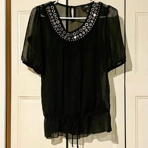 I.N. San Francisco sheer black blouse peplum style with black camisole, …